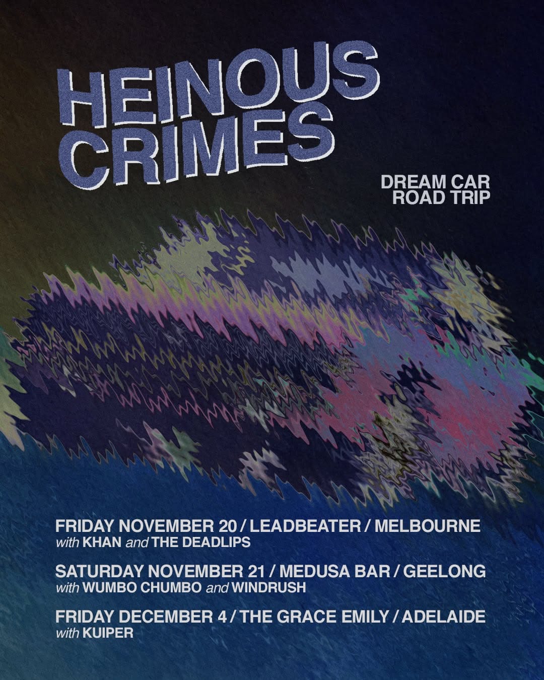 Black and white promo photo of band Heinous Crimes with motion blur effect showing members lined up in front of a wooden fence.